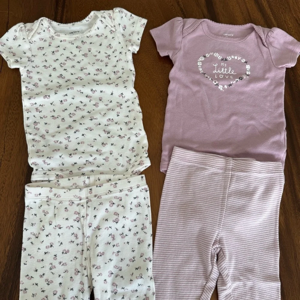 Carter’s Floral and Soft Purple Baby Girl Onesies and Pants Set 9M